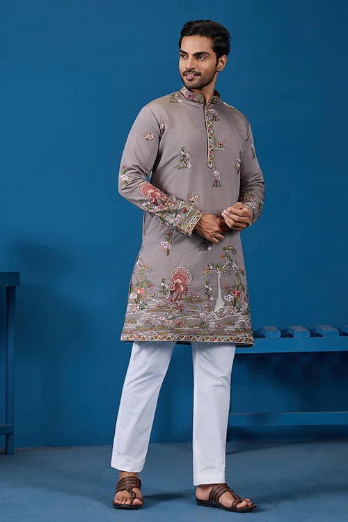 Classy Grey Embroidered Mens Kurta for Wedding Events