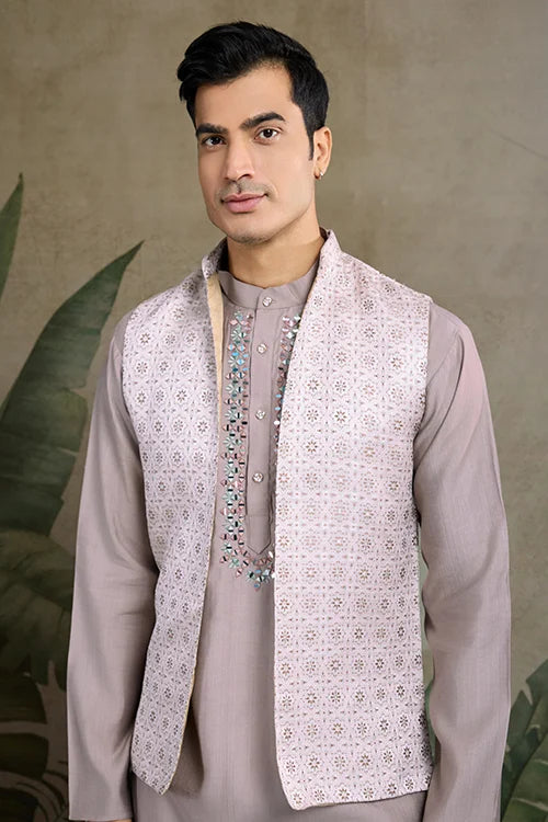 Ivory Roman Silk Kurta With Jacquard Open Koti Set