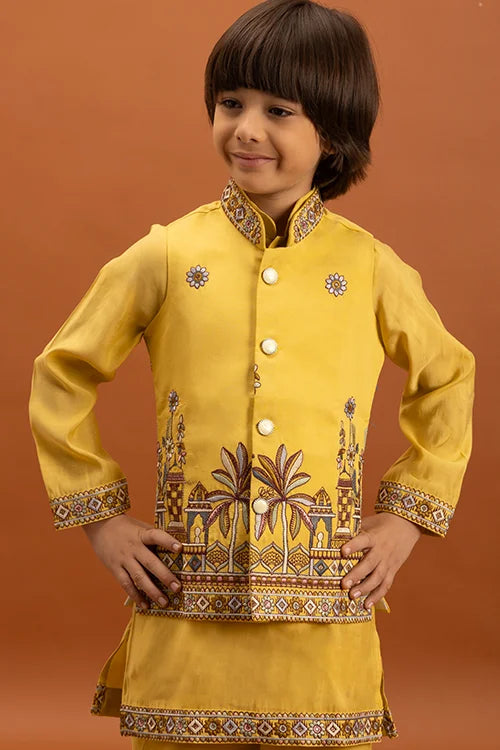 Designer Yellow Koti Kurta Set For Kids Wear