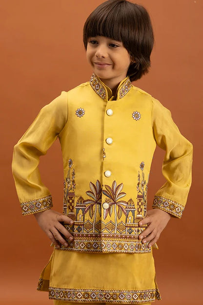 Designer Yellow Koti Kurta Set For Kids Wear