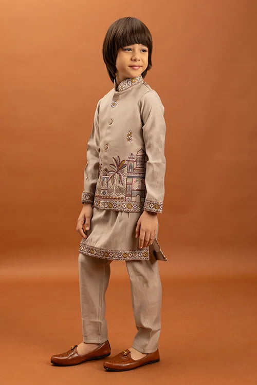 Designer Beige Koti Kurta Set for Kids 6-12 Year