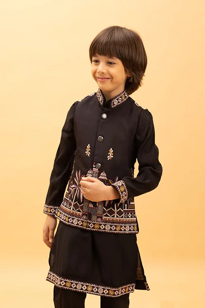 Premium Black Koti Kurta Set for Kids Boys 6-12 Years