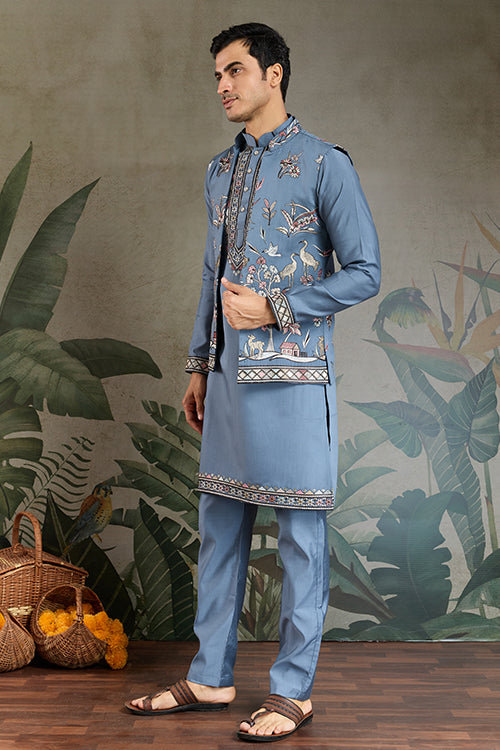 Blue Gray Open Koti Style Kurta Pajama Set For Men