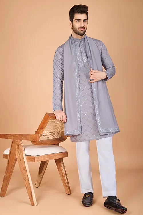 Designer Gray Silk Kurta For Men – Elegant Festive Wear