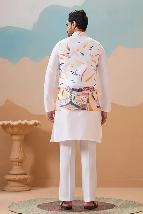 White Wedding Wear Carnival Koti Kurta Pair for Mens Wear