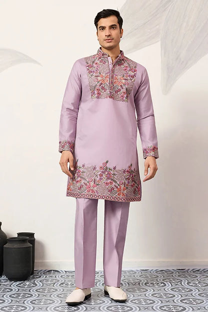 Lavender Kurta Pant Set For Traditional Mens Fashion