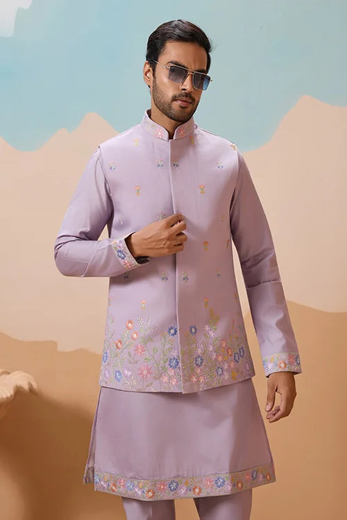 Trendy Lavender Wedding Celebration Beige Kurta Koti Pant Mens