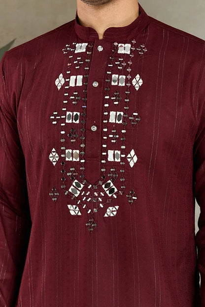 Traditional Maroon Mirror Embroidered Kurta with Dupatta