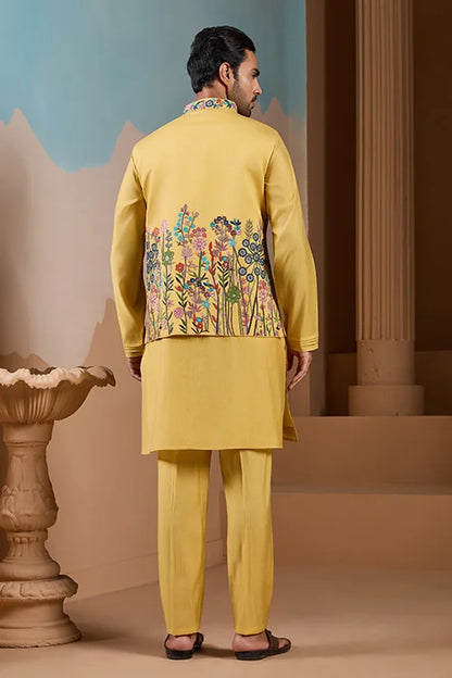 Haldi Ceremony Yellow Embroidered Koti Kurta Set for Mens