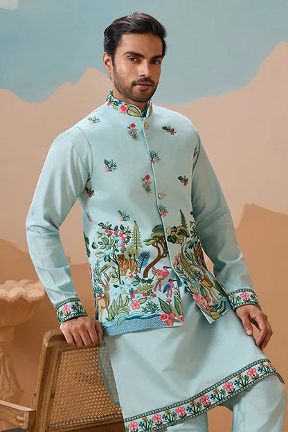 Stylish Sky Color Mens Koti Kurta Set Collection