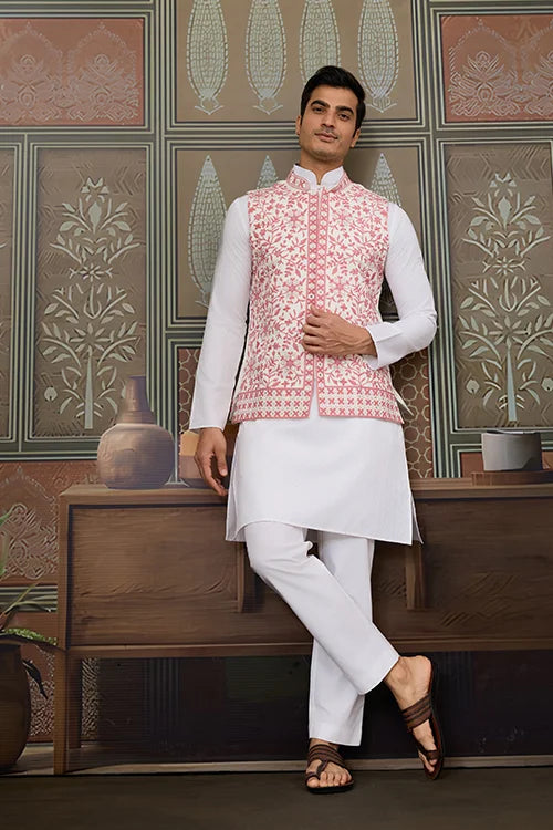 Wedding Pink Koti with White Kurta Pajama Set