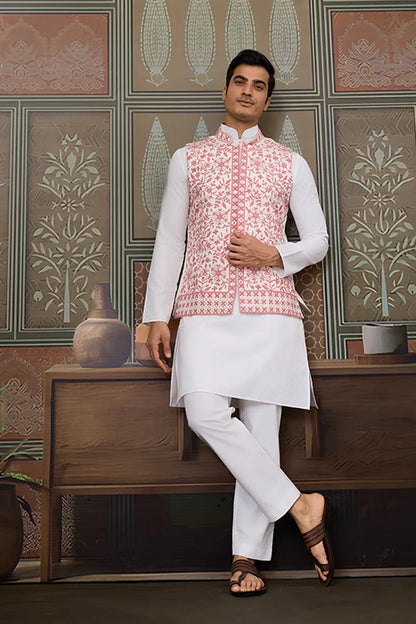 Wedding Pink Koti with White Kurta Pajama Set