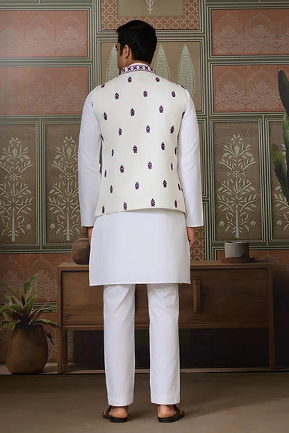Classic White Mens Kurta Pajama With Stylish Purple Koti