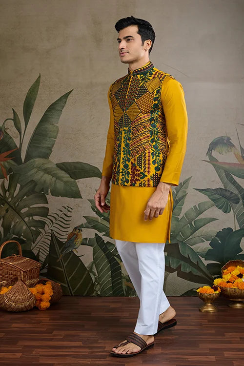 Indian Ethnic Wear Designer Yellow Kurta Koti Jacket