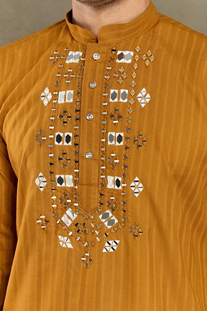 Wedding Special Mustard Mirror Kurta Set with Dupatta for Men