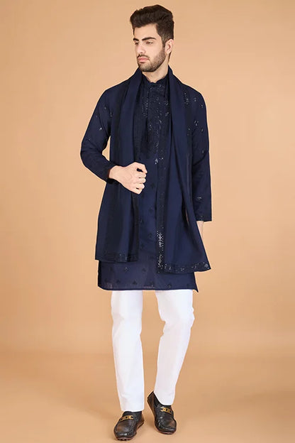 Elegant Navy Viscose Silk Kurta With Sequins