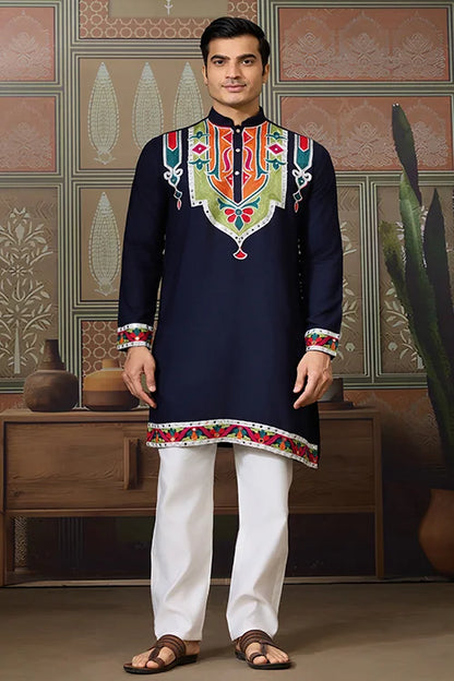 Navy Blue Embroidered Festival Wear Kurta for Men