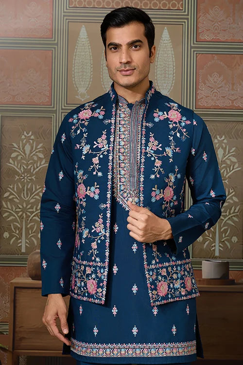 Modern Teal Blue Open Koti Kurta Set for Men