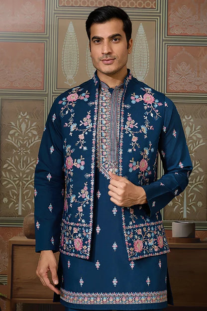 Modern Teal Blue Open Koti Kurta Set for Men
