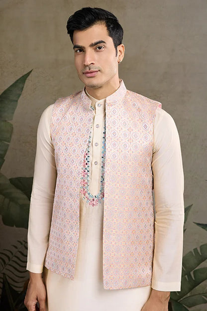 Festive Wear Off White Silk Kurta With Jacquard Koti