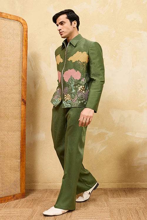 Regal Green Bomber Jacket With Thread Work And Pant For Mens