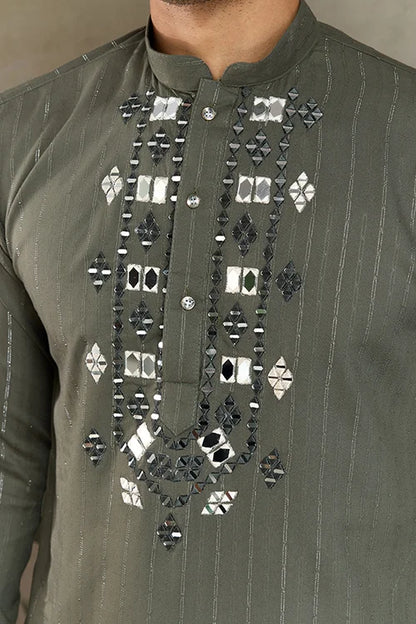 Premium Olive Green Mirror Work Kurta with Dupatta for Occasions