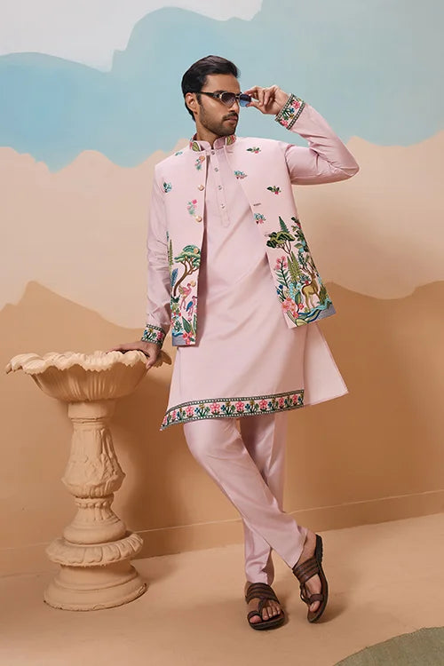 Classy Light Pink Mens Koti Kurta for Wedding Celebrations
