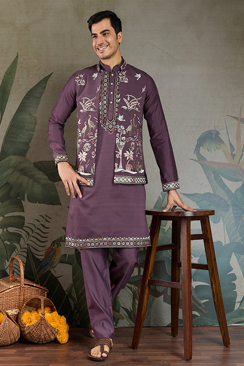 Traditional Rust Purple Kurta Pajama With Stylish Open Jacket