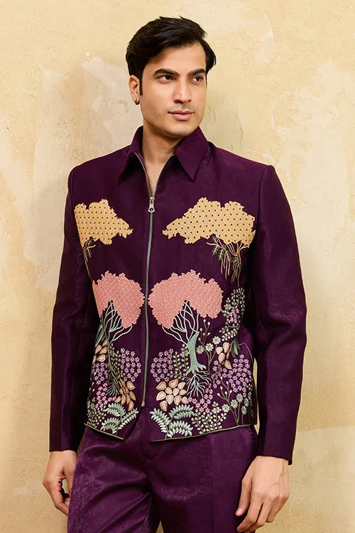 Wine Embroidery Bomber Jacket With Matching Pants For Mens Wear