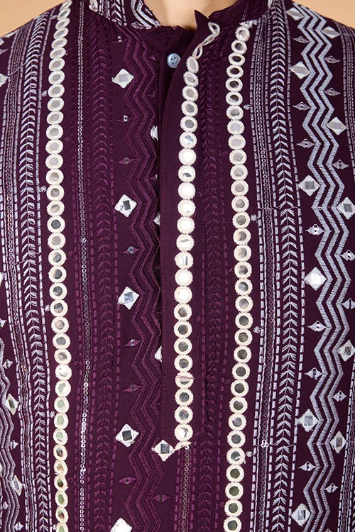 Purple Sequence With Mirror Foil Embroidered Mens Wear Kurta