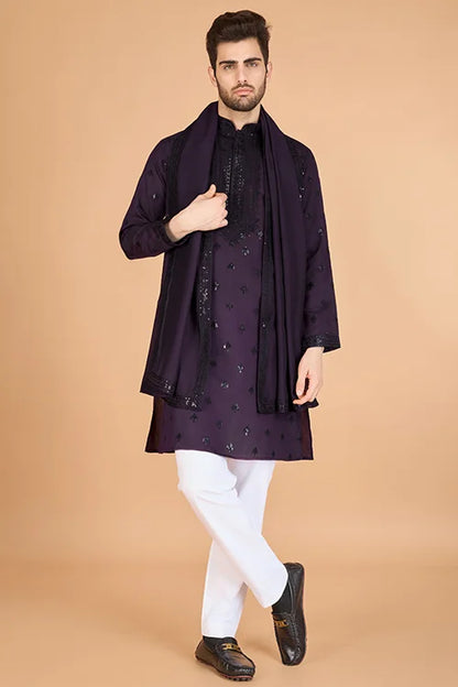 Stylish Purple Kurta For Men With Thread Work Design