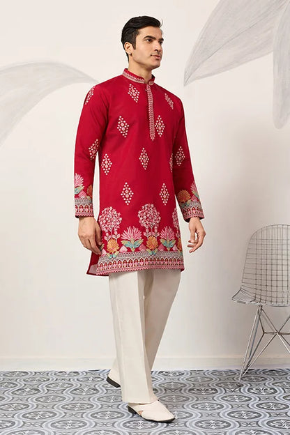 Unique Style Red Color Embroidered Kurta For Mens Wear