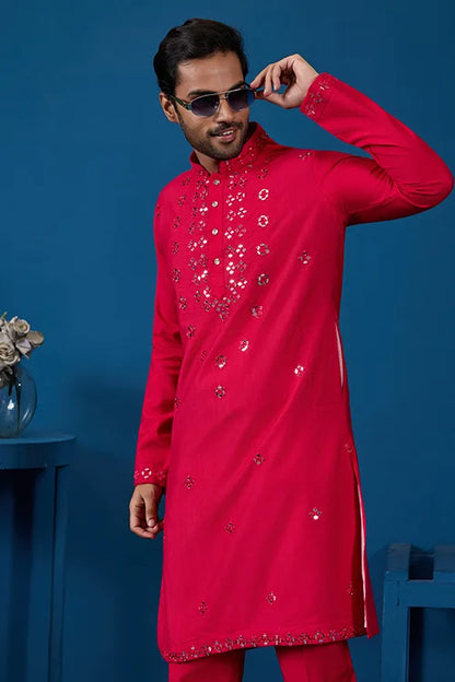 Designer Rani Mirror Embroidered Kurta for Mens Wear