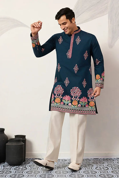 Indian Wedding Style Exclusive Teal Blue Kurta For Mens