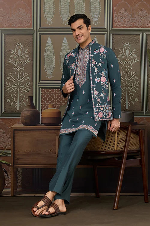Premium Designer Green Koti Kurta Pair for Men