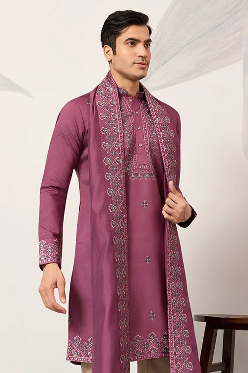 Trendy Pink Color Kurta With Dupatta For Mens Wear