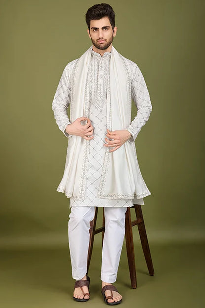 Designer White Viscose Silk Men's Kurta – Elegant Wedding Attire
