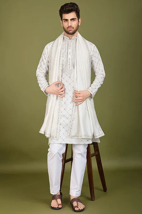 Designer White Viscose Silk Men's Kurta – Elegant Wedding Attire