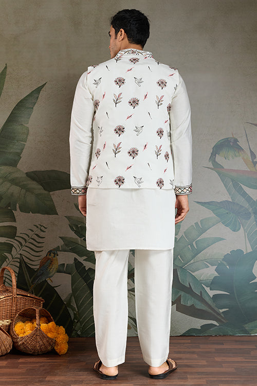 White Open Koti Style Full Kurta Pajama Set For Men