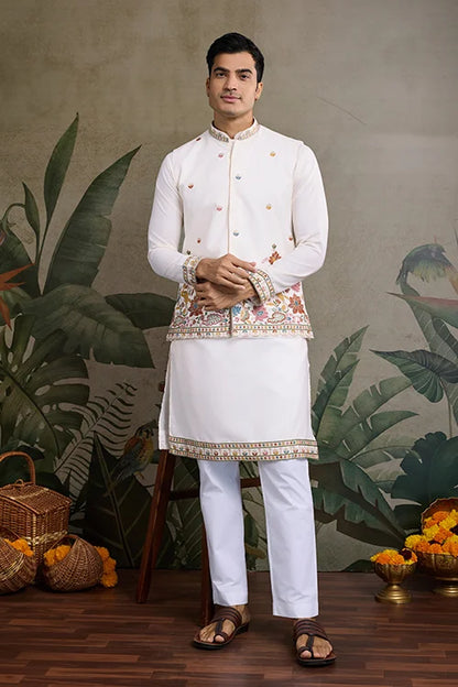Designer White Kurta With Embroidered Koti – Elegant Style