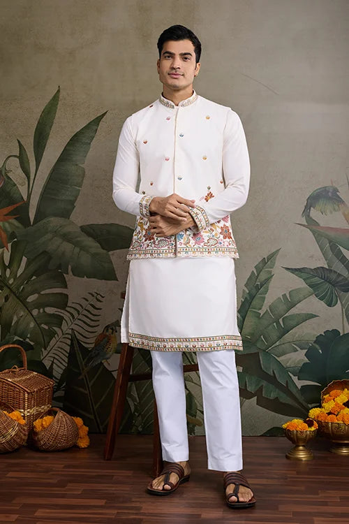 Designer White Kurta With Embroidered Koti – Elegant Style