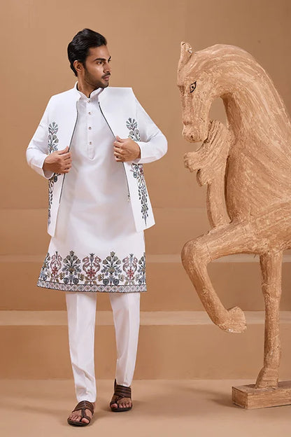 Wedding Special White Color Koti Kurta Set for Mens Wear