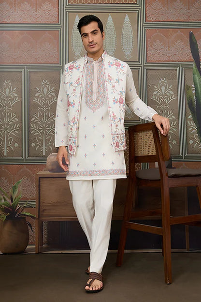 Ethnic White Embroidered Koti Kurta Set for Men