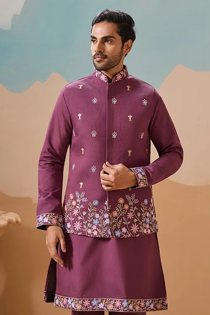 Dusty Color Embroidered Koti Kurta with Pant for Mens