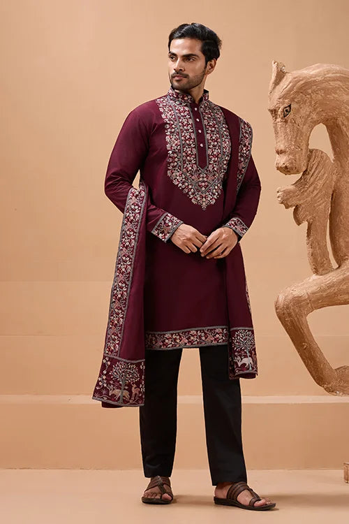 Latest Signature Maroon Kurta and Dupatta for Mens Wear