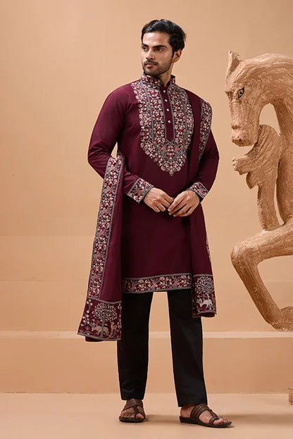 Latest Signature Maroon Kurta and Dupatta for Mens Wear