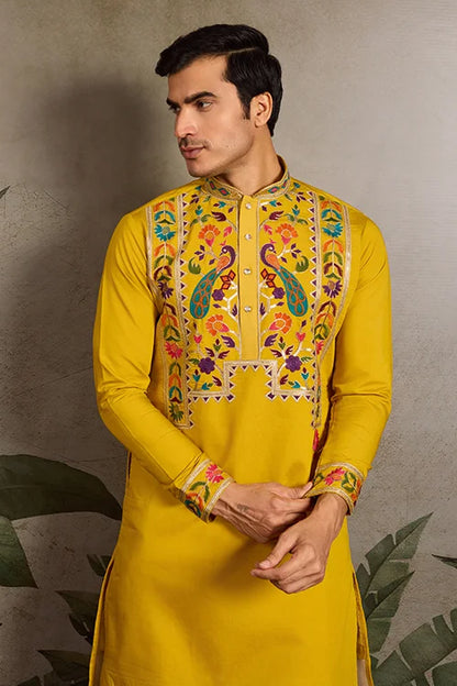 Haldi Special Yellow Embroidered Kurta for Men