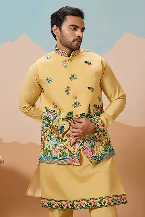 Haldi Special Yellow Classic Koti Kurta Set for Mens Wear