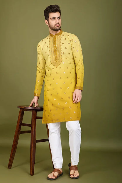 Designer Omber Yellow Viscose Silk Kurta For Men Online