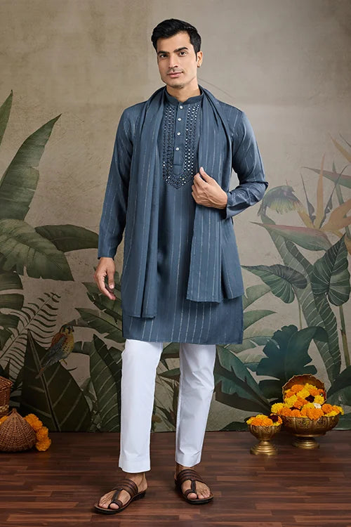 Festive Blue Grey Ultimate Guide To Menswear Kurta & Dupatta